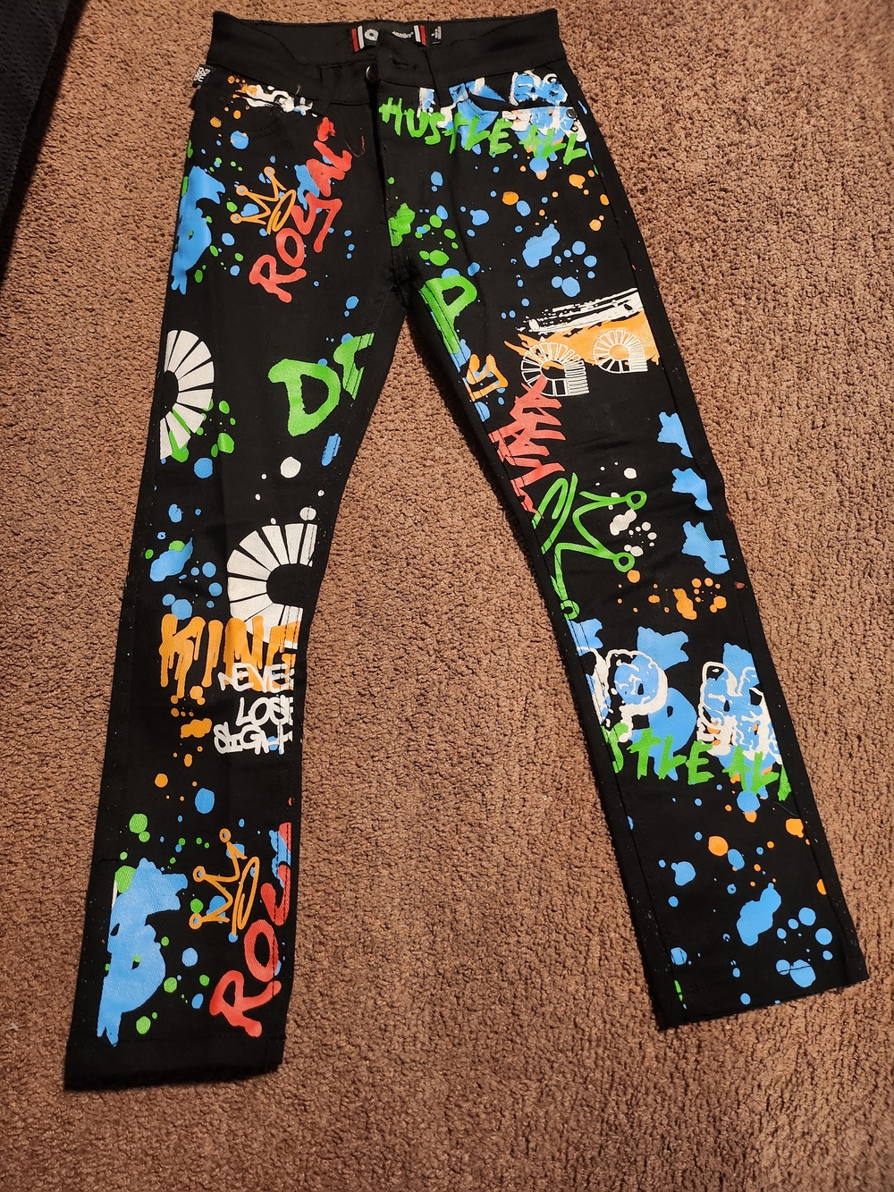 Akademiks Boys Black Graffiti Print Denim Pants- Green Blue Orange Red White